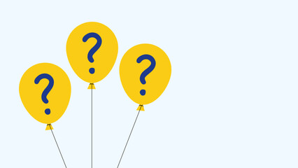 Three yellow balloons with blue question marks floating on a light blue background.