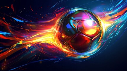 Dynamic soccer ball artwork with vibrant streaks of color on dark background