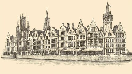 Naklejka premium Detailed architectural sketch of a European city along a waterway.