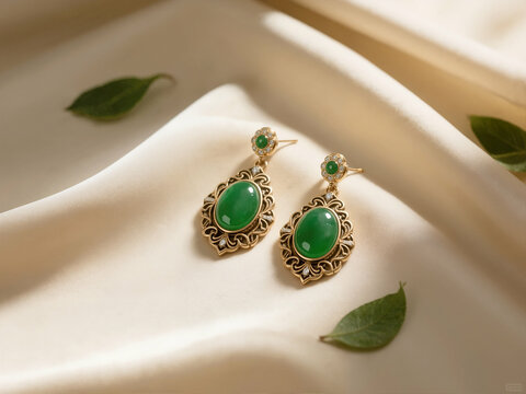 A pair of antique-style gold earrings with vibrant green jade gemstones in a floral design rests on a soft, light-colored fabric with a green leaf accent.