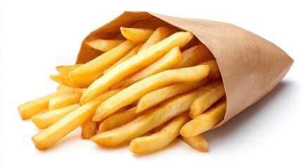 Crispy golden French fries served in a brown paper cone.