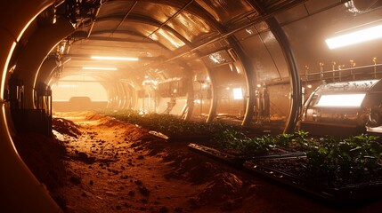 Futuristic hydroponic farm on Mars, growing fresh vegetables with artificial light in a tunnel