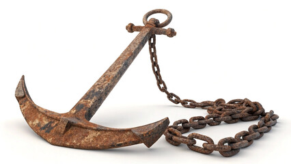 Realistic 3d render of a weathered and rusted vintage anchor and chain on white background symbolizing strength security and navigation