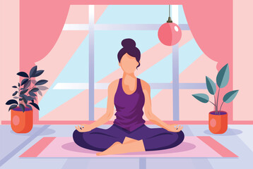Vector illustration in flat style. Young happy woman doing yoga, meditating in lotus pose on flower background