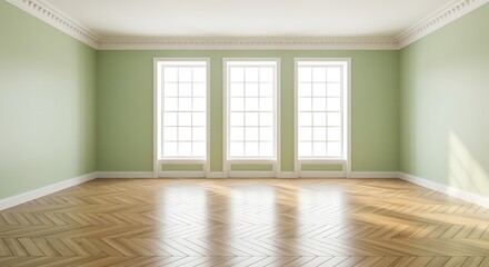 Obraz premium Light Green Room with a White Ceiling and Cornice, Glossy Herringbone Parquet Floor, Three Large Windows and a White Plinth