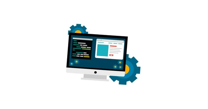 A clean animated icon representing web development, often featuring a browser window, code symbols, gear, or computer. Ideal for illustrating website creation, frontend/backend development, programmin