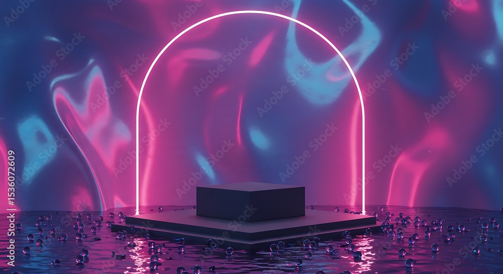 Aufkleber abstract surreal scene - empty stage with square podium and arch on holographic neon background with