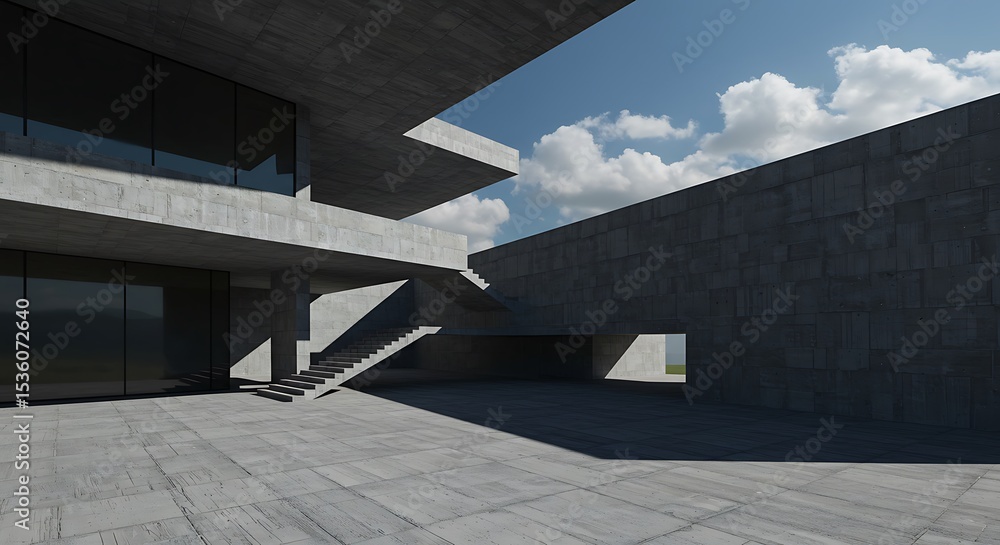 Aufkleber abstract concrete architecture render exterior with sky and sunlight. architecture concept. modern f