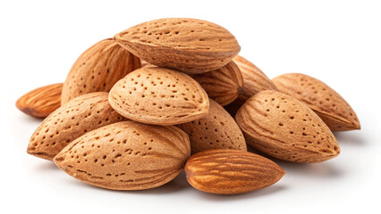 Fresh raw almonds pile on white background healthy nutritious food isolated closeup