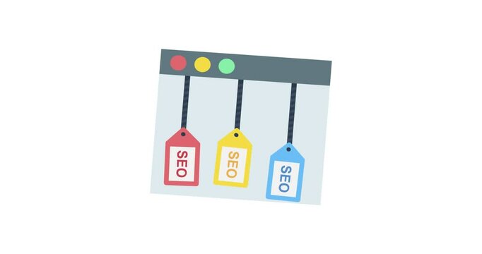 A modern animated icon representing SEO tags, typically featuring a tag symbol, HTML brackets, or code elements. Ideal for illustrating meta descriptions, title tags, keyword usage, and content struct