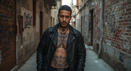 mixed race man with tattoos in open leather jacket walking alley confident