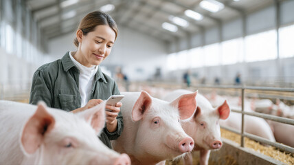 A woman uses her smartphone while observing pigs inside a spacious, well-lit modern pig farm.