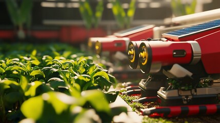 Robotic agriculture system with solar panels working in a field with green plants