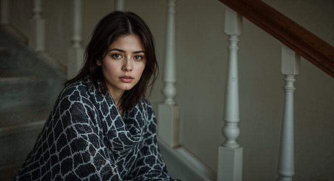 petite asian woman in cobweb shawl sitting by stair banister curious