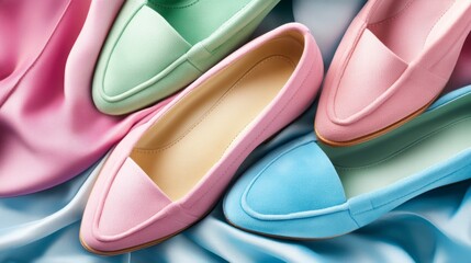 Pastel-colored flats on silk