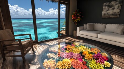 Tropical beachfront living room with ocean view and floral coffee table