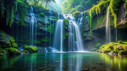 Obraz premium Serene Waterfall Cascading Through Lush Green Mossy Cliffs into a Tranquil Pool Reflecting the Sunlight