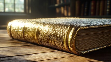 Ornate Gold-Bound Book on Wooden Table