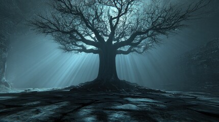 Ancient Tree in Cave, Moonlight Rays