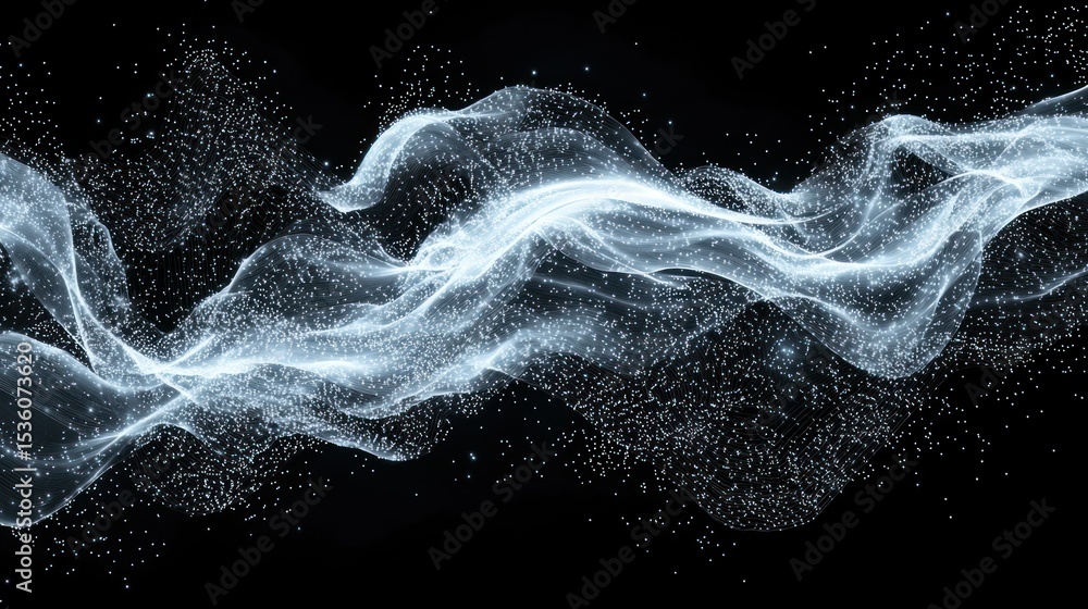 Poster abstract flowing light trails on a dark background. delicate, light-blue particles form sinuous curv