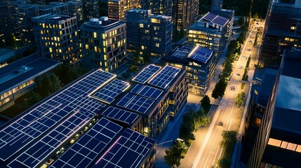 Aerial view of a modern city with buildings illuminated at night and solar panels on roofs