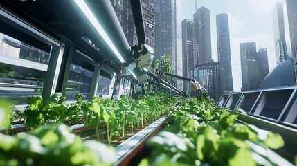 Automated vertical farm in a futuristic city with robots cultivating leafy green crops under artificial lights