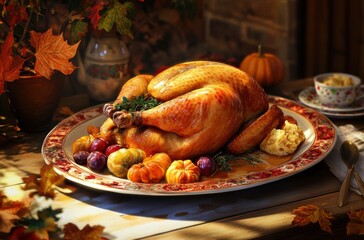 A festive advertising photo of a turkey platter with gravy and autumn-themed sides
