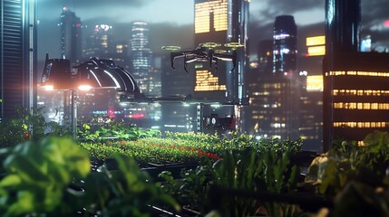 Futuristic Urban Farm: Drones and Automated Agriculture Cultivating Crops in City Skyline