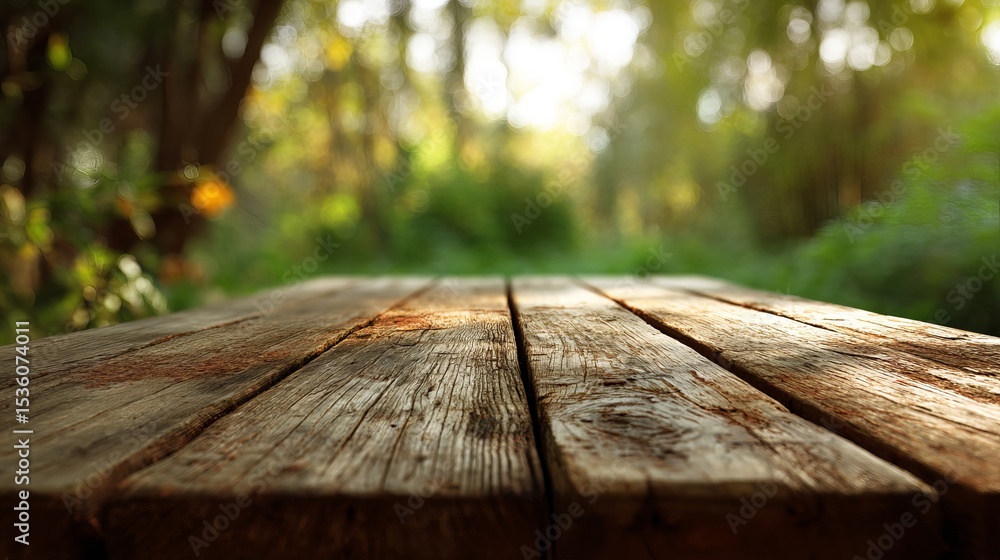 Poster rustic wooden tabletop in a sunny forest setting perfect for product displays and nature themed desi