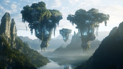 Floating Islands with Futuristic Buildings and Lush Vegetation amid Mountainous Terrain