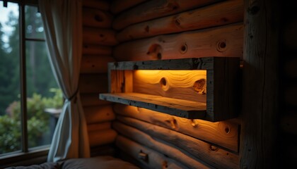 Obraz premium Rustic wooden log cabin interior with illuminated wood shelf near window