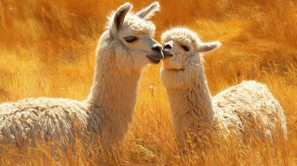 Obraz premium Two Adorable White Alpacas Nuzzling Gently in Golden Field Peaceful Sunny Day Fluffy Animals Soft Fur Nature Scene Wildlife Photography Idyllic Rural Setting Serene Pastoral Image 