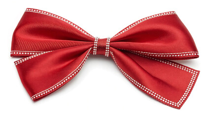 Elegant red bow with white dotted trim isolated on white background for festive designs and holiday decorations
