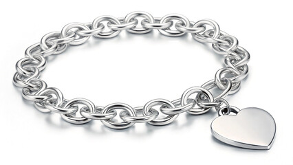Obraz premium Elegant silver bracelet with heart charm reflecting light on a white background perfect for fashion and jewelry concepts