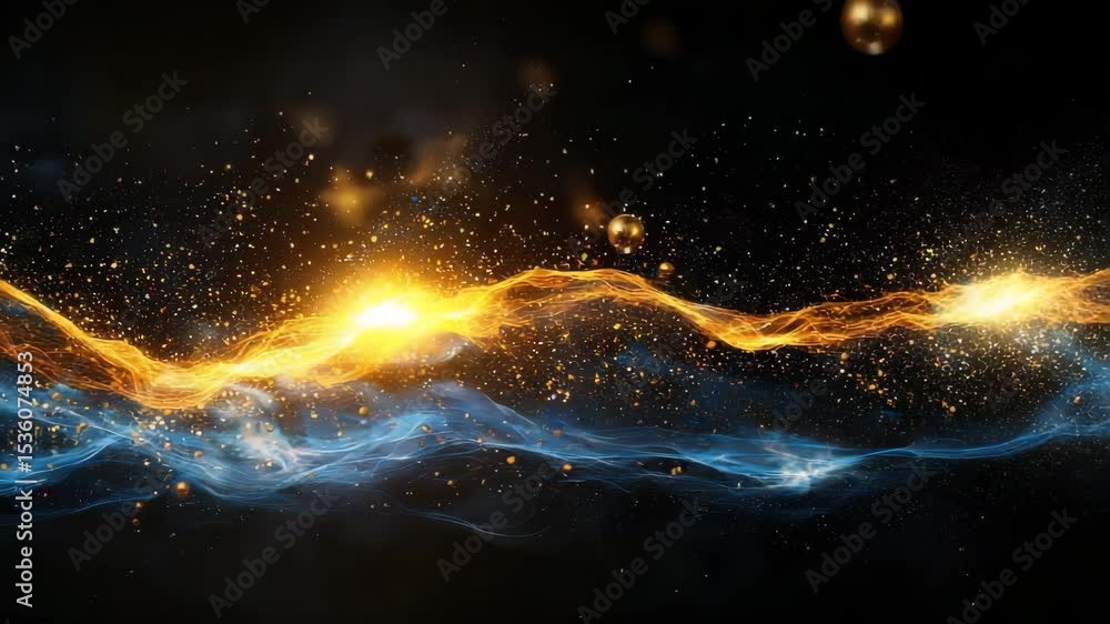 Poster a vibrant abstract scene of swirling orange and blue energy waves clashing amidst sparkling cosmic p