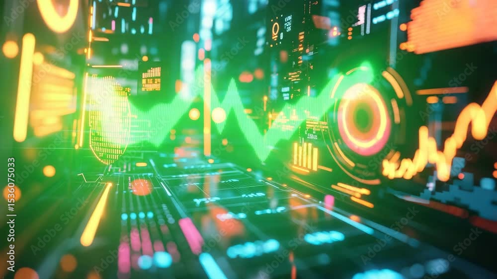 Poster A futuristic digital interface with glowing data visualizations, graphs, and HUD elements in vibrant neon colors.