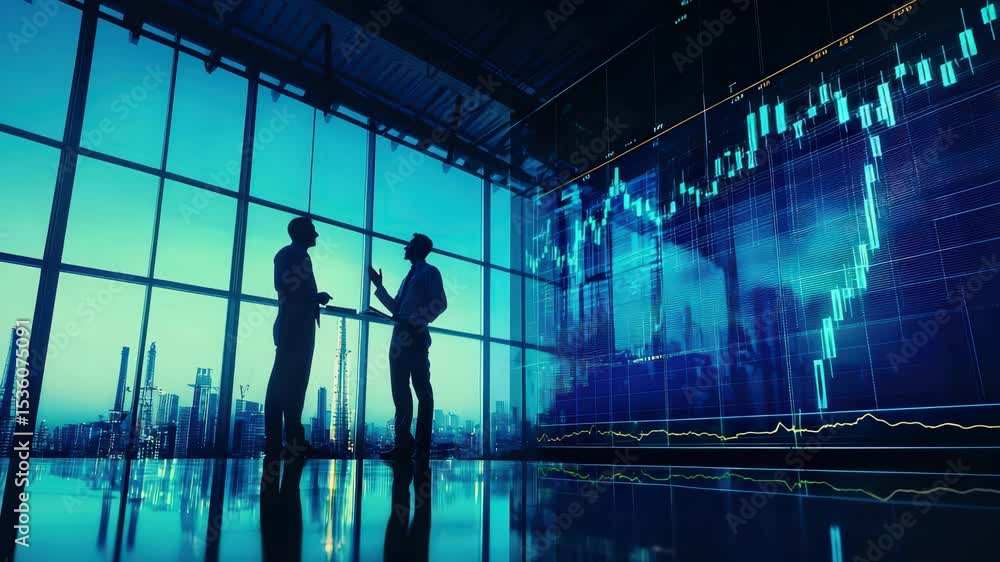 Poster two business professionals discuss in a modern office with large stock market charts displayed on di