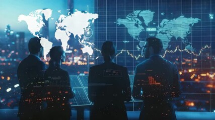 A team of professionals analyzes global financial data on large digital screens in a modern city office. - Powered by Adobe