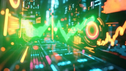 A futuristic digital interface with glowing data visualizations, graphs, and HUD elements in vibrant neon colors. - Powered by Adobe