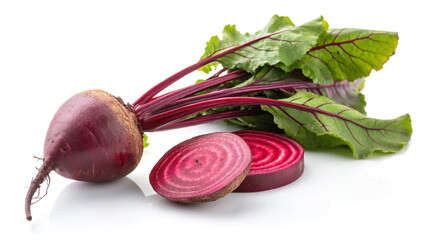Fresh whole beetroot with sliced pieces and green leaves on white background demonstrating healthy eating