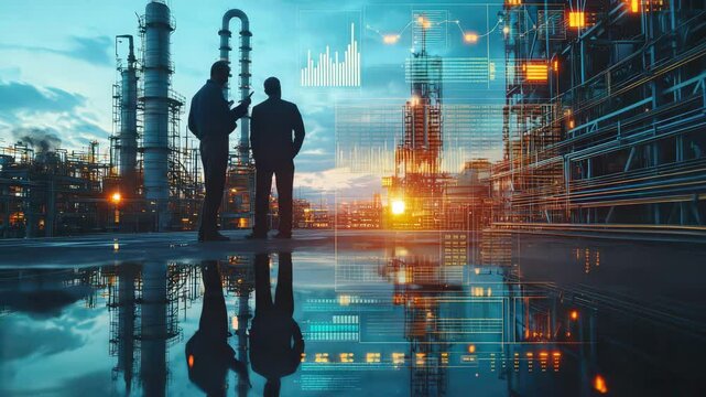 Two people discuss at a high-tech industrial facility at sunset, with futuristic digital data overlays and modern refinery infrastructure.