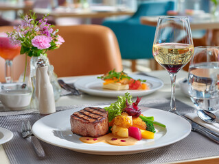 Exquisite Steak Fine Dining &ndash; Juicy Cut with Gourmet Garnish in Elegant Restaurant	