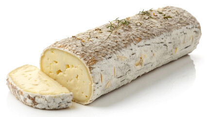 A delicious gourmet cheese log delicately crafted and presented on white for culinary and food related themes