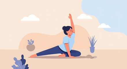 A woman with dark hair in a bun is gracefully practicing a yoga pose outdoors, extending one arm upwards, set against a serene landscape with plants and clouds.