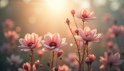 Soft glowing pink magnolia flowers blooming in warm sunlight with blurred background