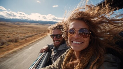 Happy Couple Road Trip Adventure Scenic Mountain View Smiling Woman Windblown Hair Man Sunglasses Open Car Window Freedom Travel Journey Beautiful Landscape Sunny Day Couple       
