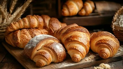 Freshly baked croissants displayed on a wooden board with rustic kitchen elements in the background