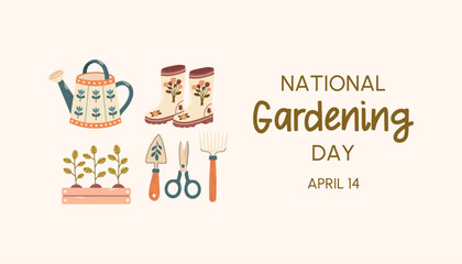 Cute banner for National Gardening Day with hand drawn garden tools, rubber boots, watering can, seedlings on soft beige background for website, social media. Vector cottagecore illustration.