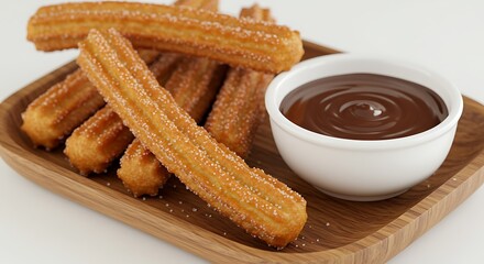 Fresh Golden Churros with Chocolate Dipping Sauce Served on Wooden Board