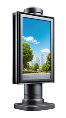 Fototapeta premium Illuminated Display with Scenic View: A modern illuminated display showcases a picturesque urban landscape. The display, stands tall against a clear blue sky and features a vibrant green tree.